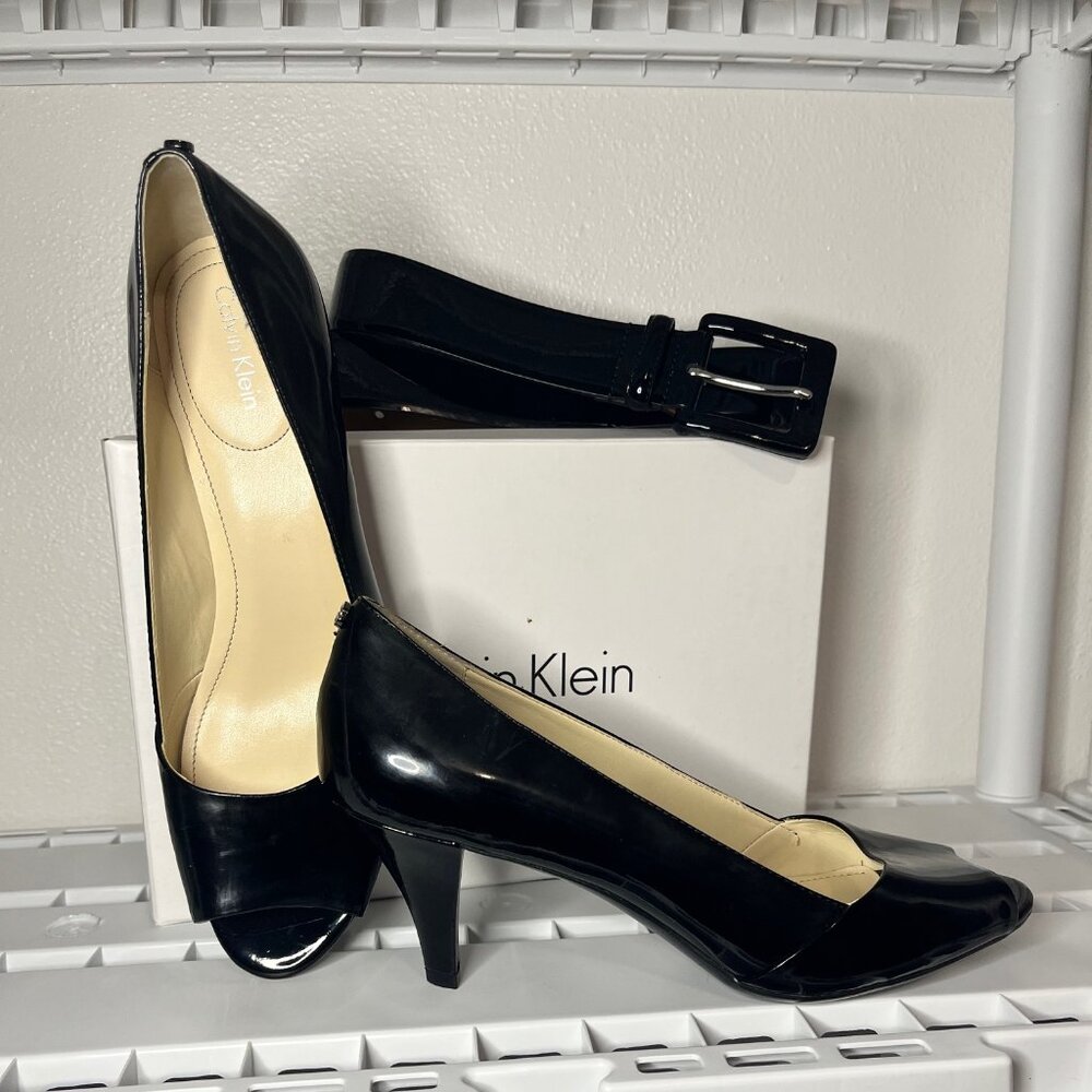 NIB: Calvin Klein black patent peep toe heels